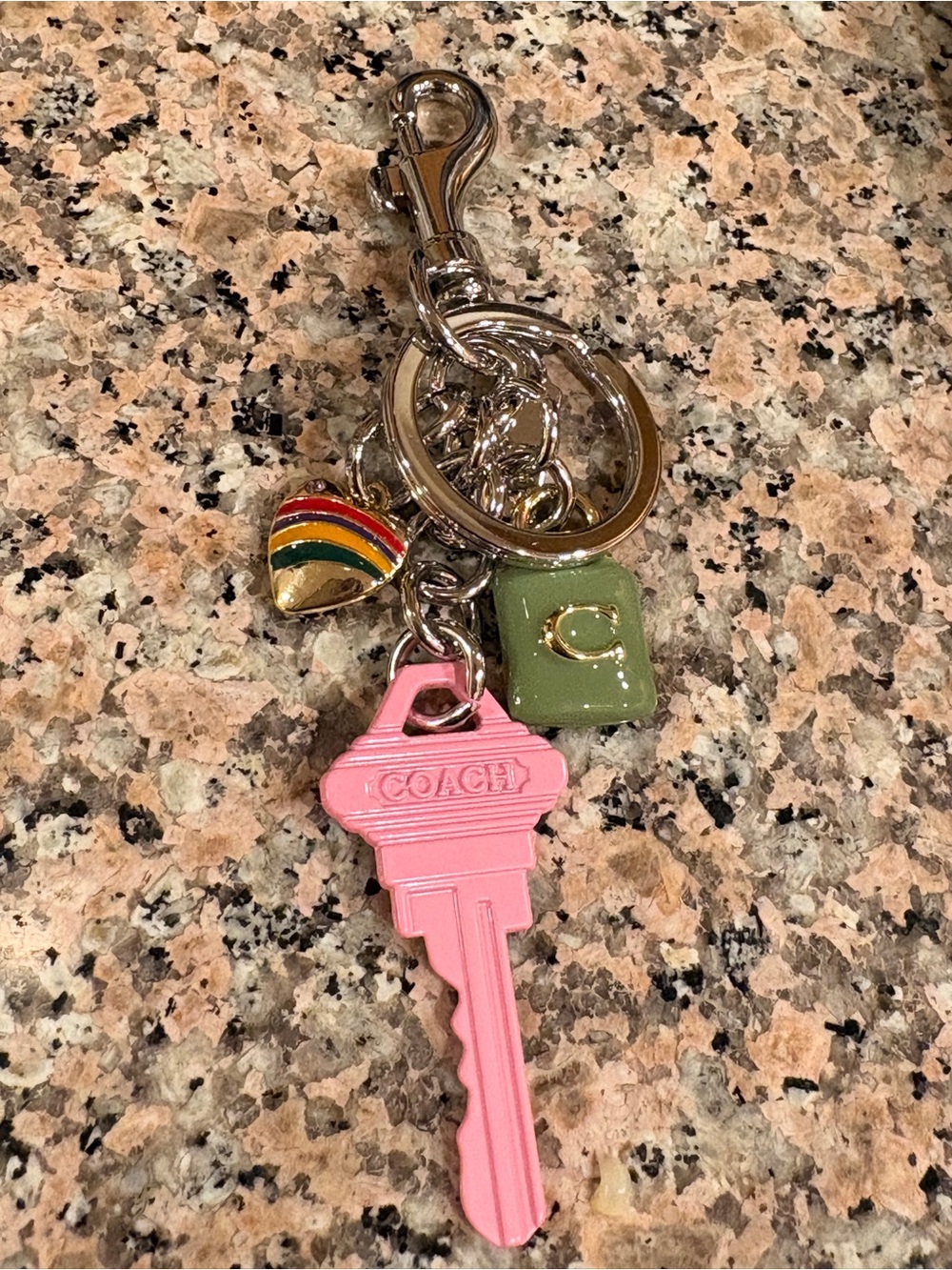 Pink Key Charm with Green 'C' Tile and Rainbow Heart Accent - Picture 2 of 6
